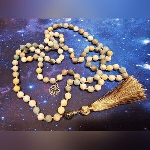108 Bead Amazonite Mala Meditation Necklace with Tree of Life Pendant